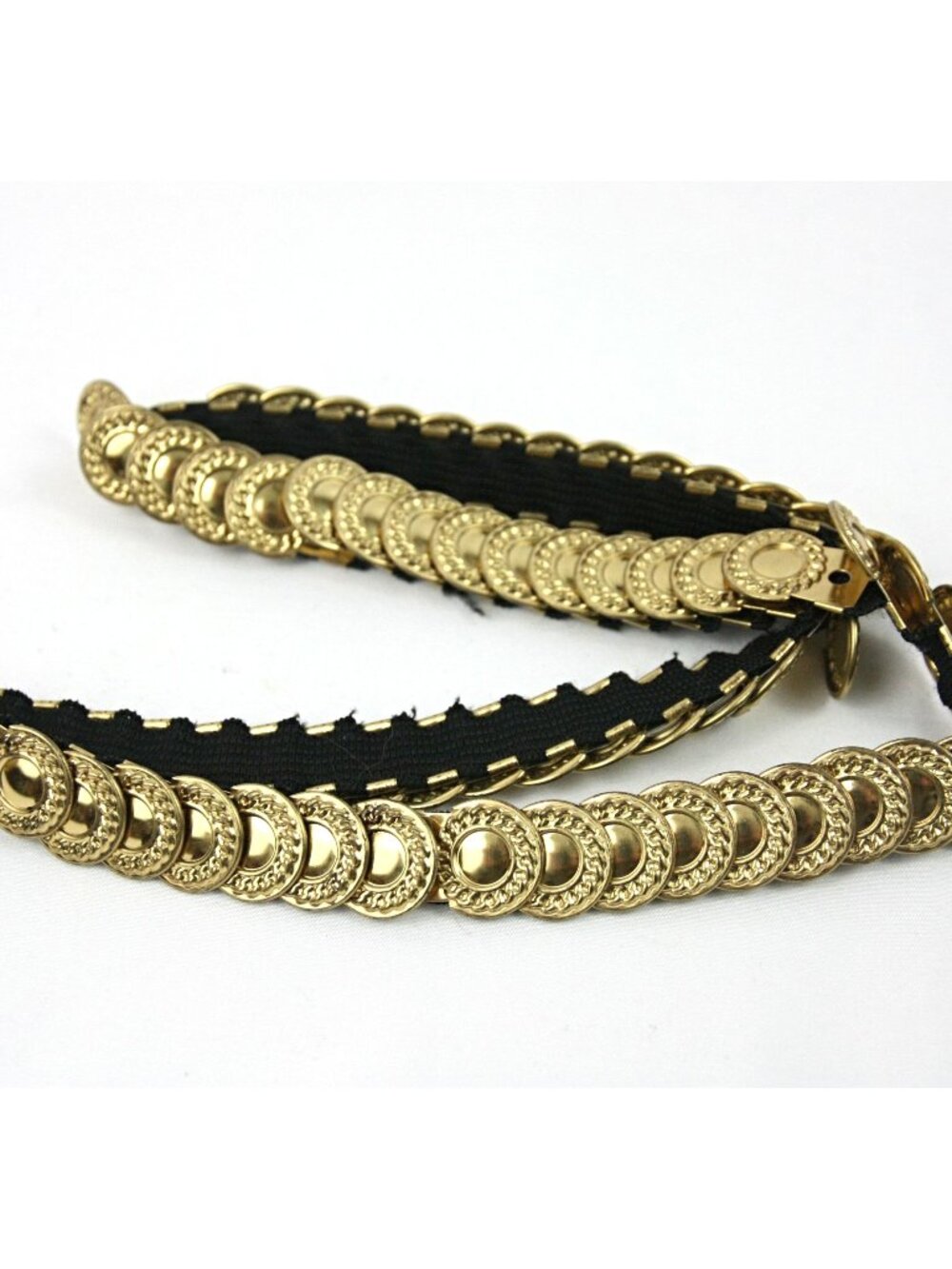 Vintage Gold Coin Link Medallion Metal Elastic Stretch Skinny Disco Belt 1970s